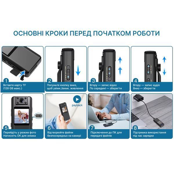 Нагрудний відеореєстратор BOBLOV A22 1080p з диктофоном, поворотним об'єктивом, дисплеєм, кутом огляду 160&deg; A22 фото