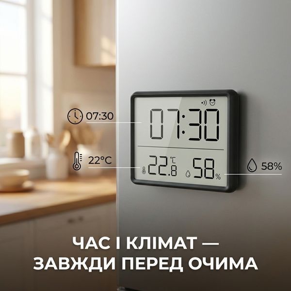 Цифровые часы с термометром и гигрометром, будильник, магнитное крепление, 9x7 см, черный CJ9907_black фото