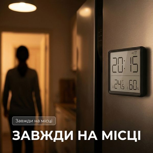 Цифровые часы с термометром и гигрометром, будильник, магнитное крепление, 9x7 см, черный CJ9907_black фото
