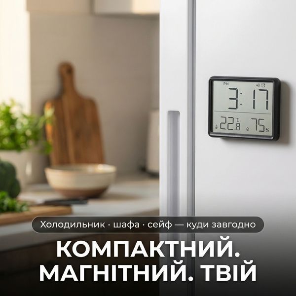 Цифровые часы с термометром и гигрометром, будильник, магнитное крепление, 9x7 см, черный CJ9907_black фото