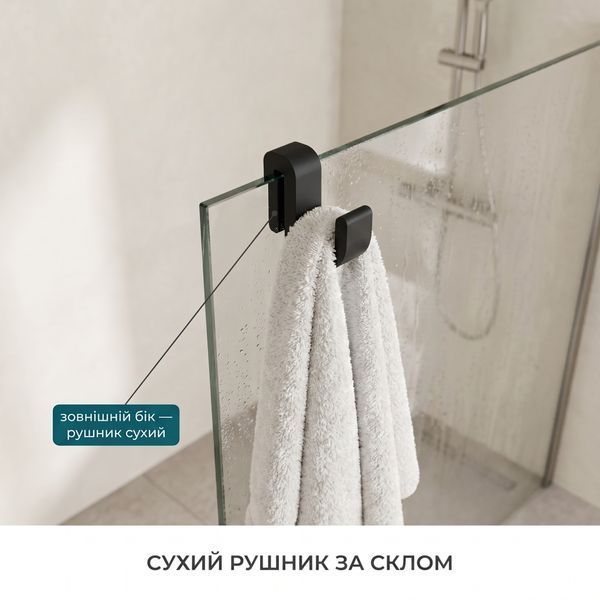 Гачок на скляну перегородку душу під скло до 8 мм, 90х55 мм, для рушника, халата та мочалки, чорний glass_hook_black фото