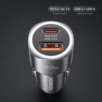 Автомобільна зарядка Essager ES-CC16 89W сумісна з iPhone Samsung Xiaomi USB-C USB-A ECCPQ-LC0G-P фото