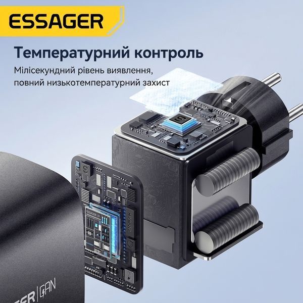 Зарядний пристрій Essager GaN 65W сумісний з Apple, Samsung, Xiaomi &mdash; 2xUSB-C+USB-A, PD3.0/QC3.0 ECT65W-YBB01-Z фото
