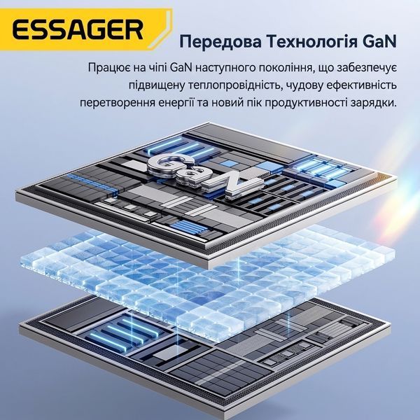 Зарядний пристрій Essager GaN 65W сумісний з Apple, Samsung, Xiaomi &mdash; 2xUSB-C+USB-A, PD3.0/QC3.0 ECT65W-YBB01-Z фото