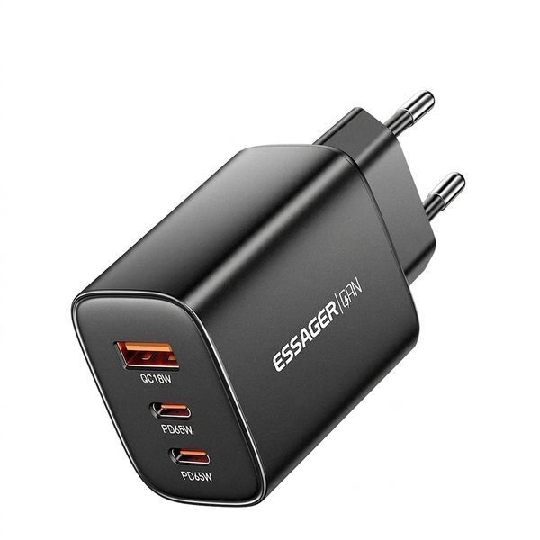 Зарядний пристрій Essager GaN 65W сумісний з Apple, Samsung, Xiaomi &mdash; 2xUSB-C+USB-A, PD3.0/QC3.0 ECT65W-YBB01-Z фото