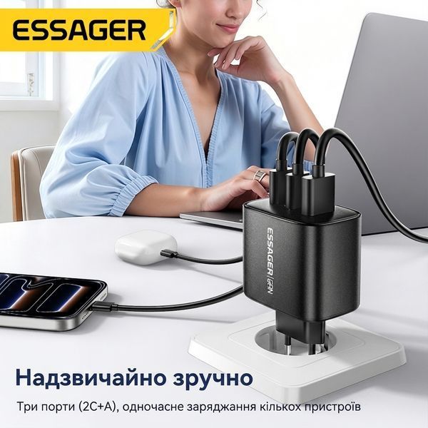 Зарядний пристрій Essager GaN 65W сумісний з Apple, Samsung, Xiaomi &mdash; 2xUSB-C+USB-A, PD3.0/QC3.0 ECT65W-YBB01-Z фото