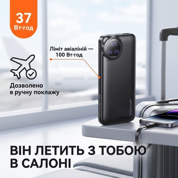 Повербанк Essager Heteromypil 10000 mAh 22.5W с цифровым дисплеем и встроенными кабелями Type-C и Lightning EDY1W-YT01-Z фото