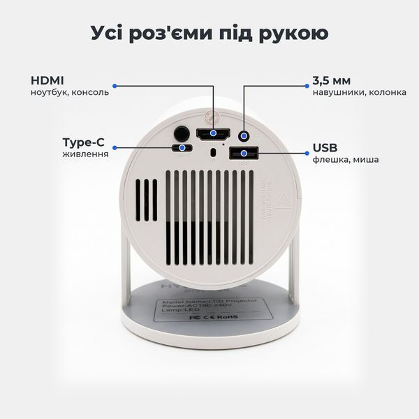 Проектор Everon HY300 Pro Plus Amlogic T950S 2/16 ГБ Android 13, Wi-Fi 6, BT 5.0, 720p, питание Type-C, белый HY300_pro_plus фото
