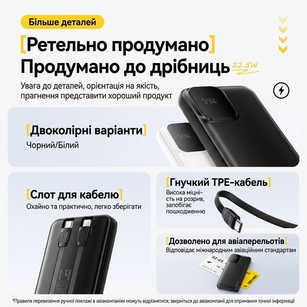 Павербанк Essager ES-D023 10000 мАч 22.5W со встроенными кабелями USB-C и Lightning, черный EDY1W-ZD01-Z фото