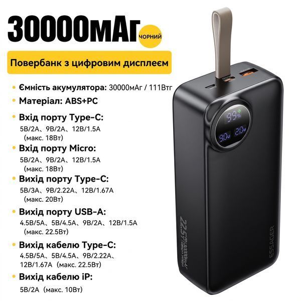 Повербанк Essager Heteromypil 30000 mAh 22.5W з цифровим дисплеєм, ремінцем та вбудованими кабелями Type-C і Lightning EDY3W-YT01-Z фото