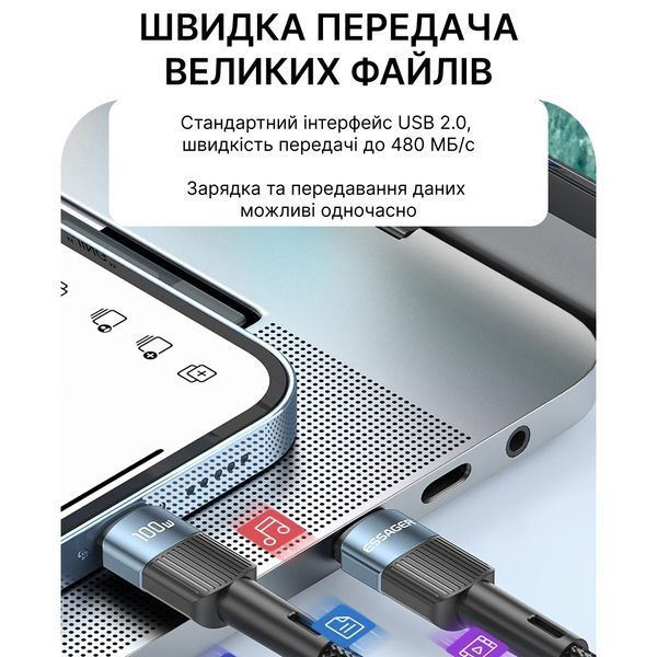 Дата кабель Essager 100W PD, QC та PPS USB-C to USB-C 2 метра (чорний) EXCTT1-XC02 фото