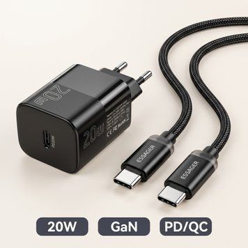 Зарядний пристрій Essager 20W GaN, PD/QC USB-C з кабелем Type-C  &mdash; Type-C, чорний E20JSB1-SYTT1-T фото