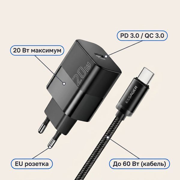 Зарядное устройство Essager 20W GaN, PD/QC USB-C с кабелем Type-C &mdash; Type-C, черное E20JSB1-SYTT1-T фото