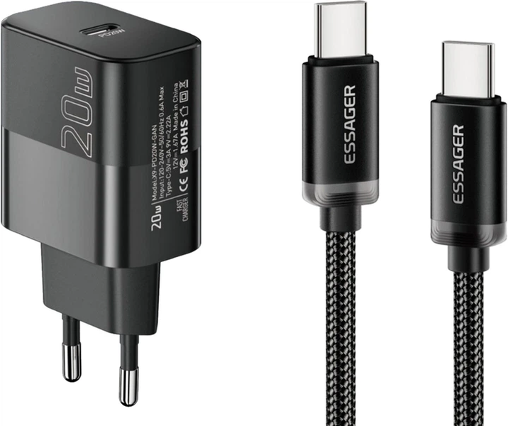 Зарядное устройство Essager 20W GaN, PD/QC USB-C с кабелем Type-C &mdash; Type-C, черное E20JSB1-SYTT1-T фото