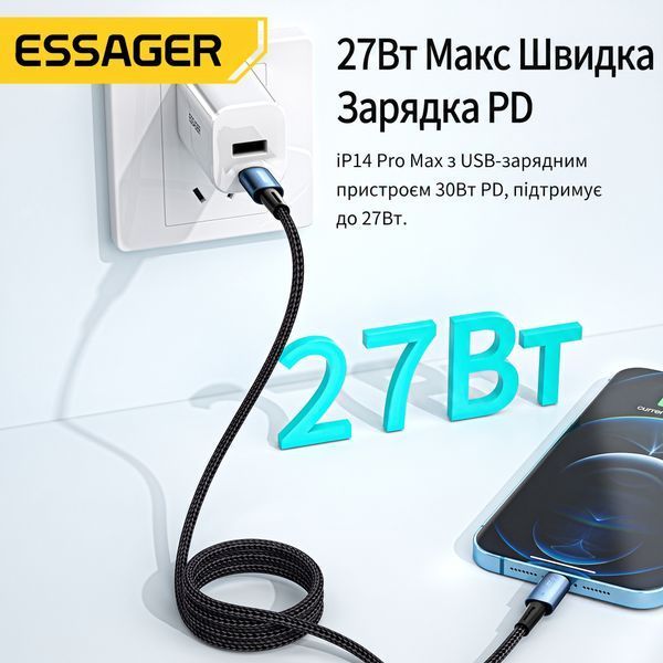 Кабель Essager Type-C &ndash; Lightning 27W швидка зарядка iPhone 1 м чорний EXCL-XC01 фото