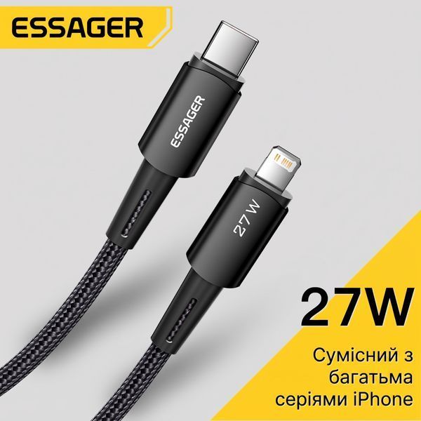 Кабель Essager Type-C &ndash; Lightning 27W швидка зарядка iPhone 2 м чорний EXCTL-CGA01 фото