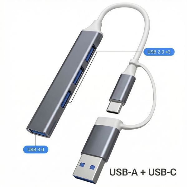 Алюмінієвий USB-хаб 4 порти 1&times;USB 3.0 + 3&times;USB 2.0 з підключенням Type-A і Type-C (графітовий) 	4USB-graphite фото