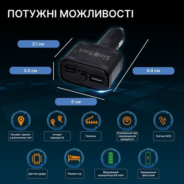 Автомобільний GPS-трекер SinoTrack ST-909 у автомобільний прикурювач, зарядний пристрій USB-A та USB-C ST-909 фото