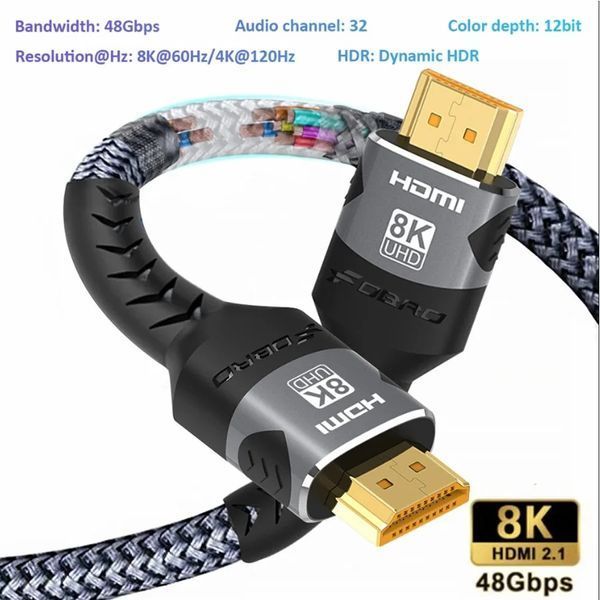 Кабель 8K HDMI 2.1, 5 метров, Ultra High Speed 8K (48 Гбит/с), в нейлоновом оплётении, серый id_461 фото