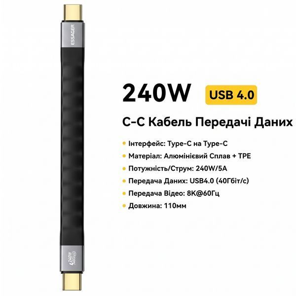 Кабель Essager USB4 Type-C &ndash; Type-C 240W 40 Гбит/с 8K@60Hz 11 см черный EXCTT4-YS01-P фото