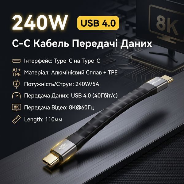 Кабель Essager USB4 Type-C &ndash; Type-C 240W 40 Гбит/с 8K@60Hz 11 см черный EXCTT4-YS01-P фото