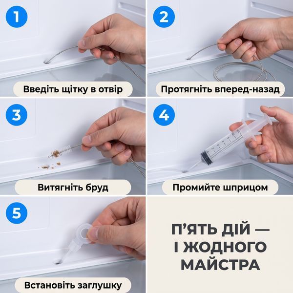 Набор для прочистки дренажа холодильника 5 в 1 &mdash; ёршик на тросе 100 см, шланг, шприц 100 мл RF-DR-05 фото